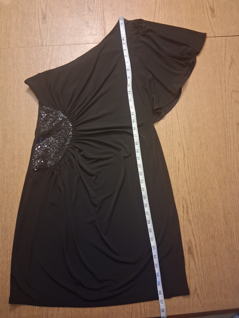London Times Black One-Shoulder Ruched & Sequins Cocktail Dress         Size 14 - Picture 7 of 9